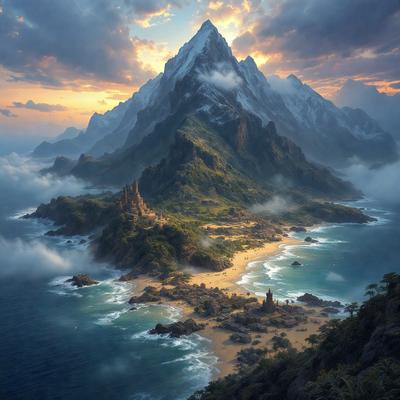 Primary subject: A beautiful landscape with a mountain, a beach, and a castle.

Setting/background: The scene is set in a mountainous area with a beach and a castle. The sky is filled with clouds, and the sun is shining, creating a picturesque atmosphere.

Visual style: The image is a digital art piece, showcasing the artist's creativity and attention to detail.

Colors and mood: The colors in the image are predominantly blue, green, and orange,